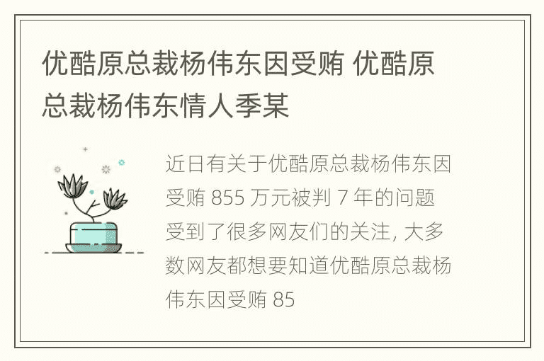 优酷网前总裁杨卫东被指控受贿，前优酷社长杨卫东的爱人姬